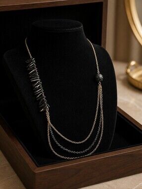 Gold and Black Multi-Chain Women’s Necklace with Black Bead Accent